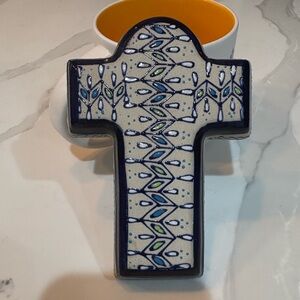 Decorative Ceramic Cross Wall Accent in Blue and Green